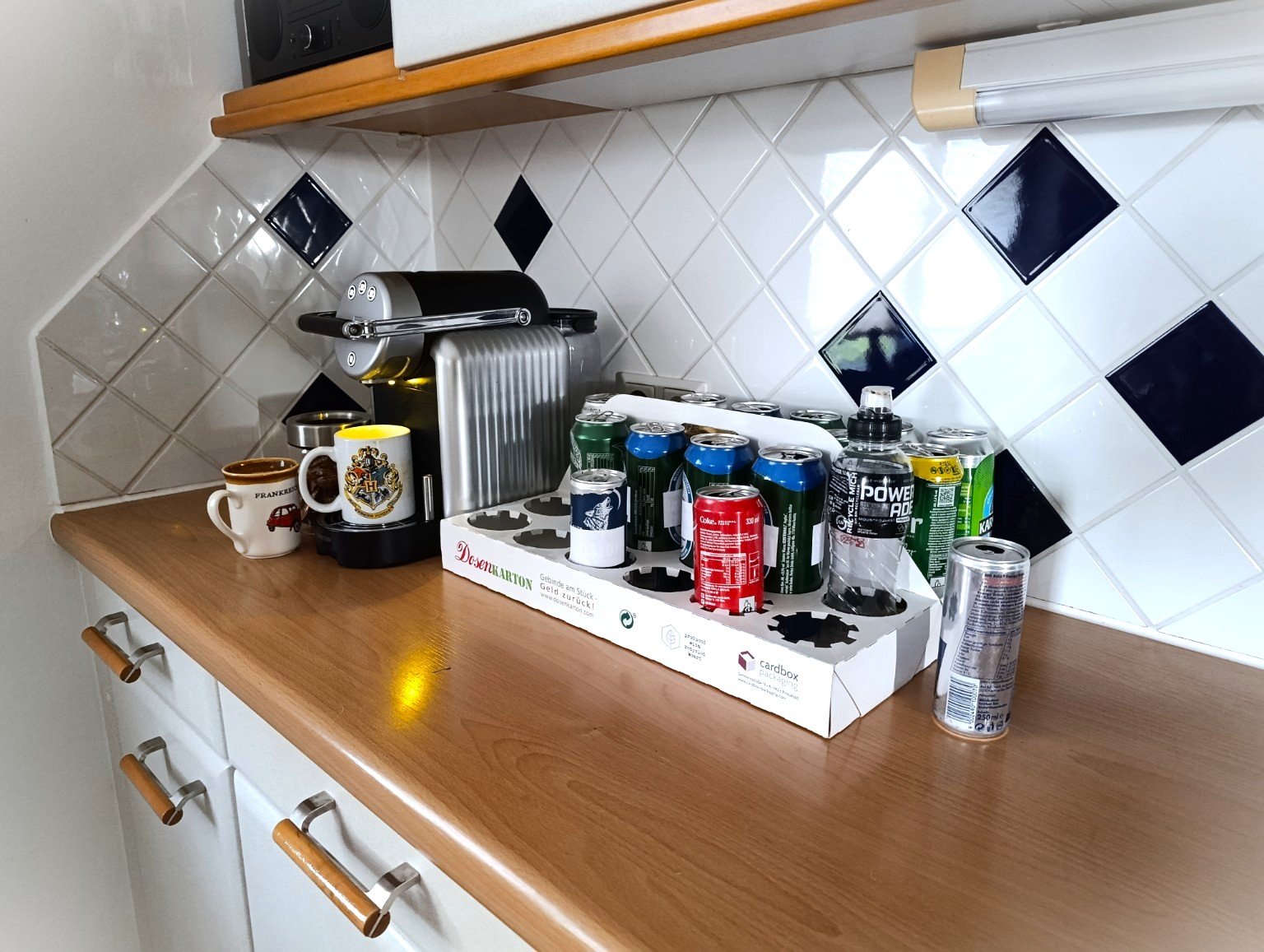 Originalfoto: DosenKARTON mit gesammelten Getränkedosen in einer Küche